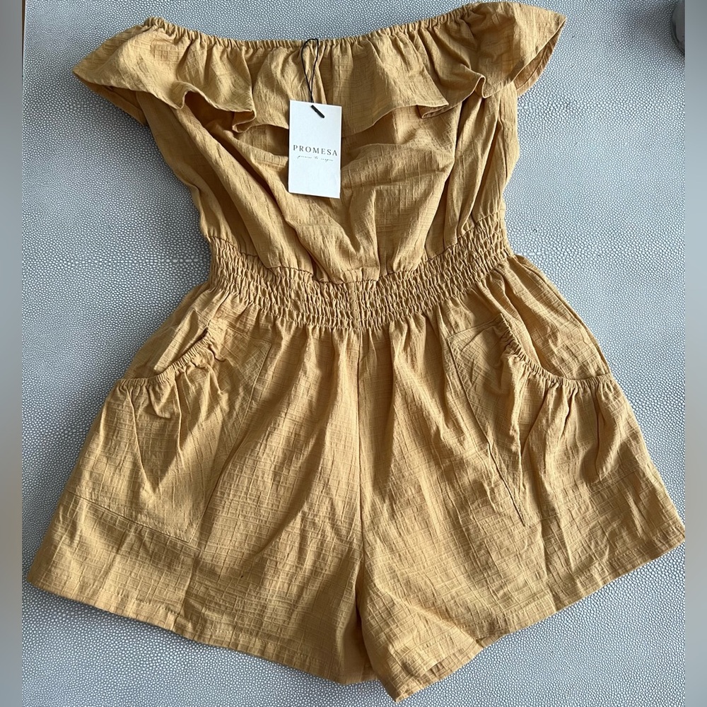NWT Off Shoulder Crinkle Mustard Yellow Ruffle Romper Boutique Item By: Promesa